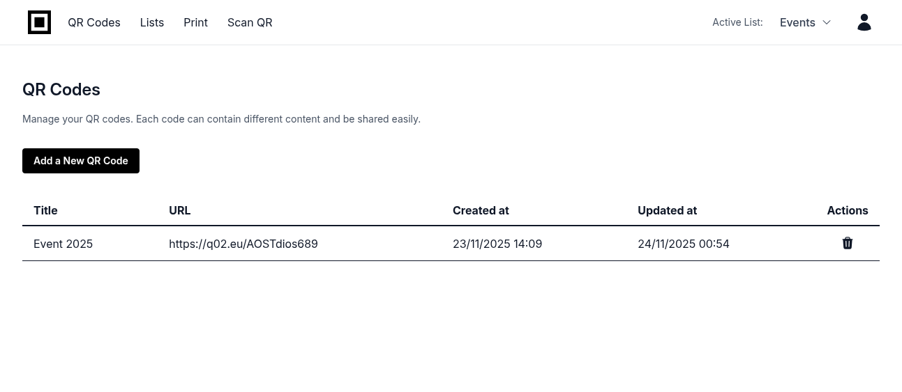 Events list showing Add QR Code button