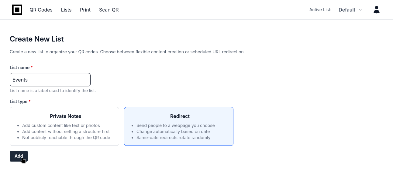 QRFirst dashboard showing Create New List option