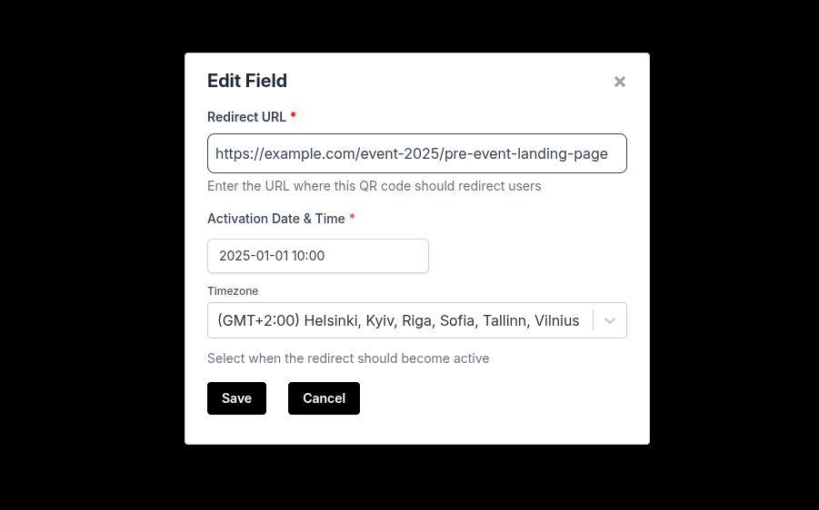 URL configuration interface with timing controls